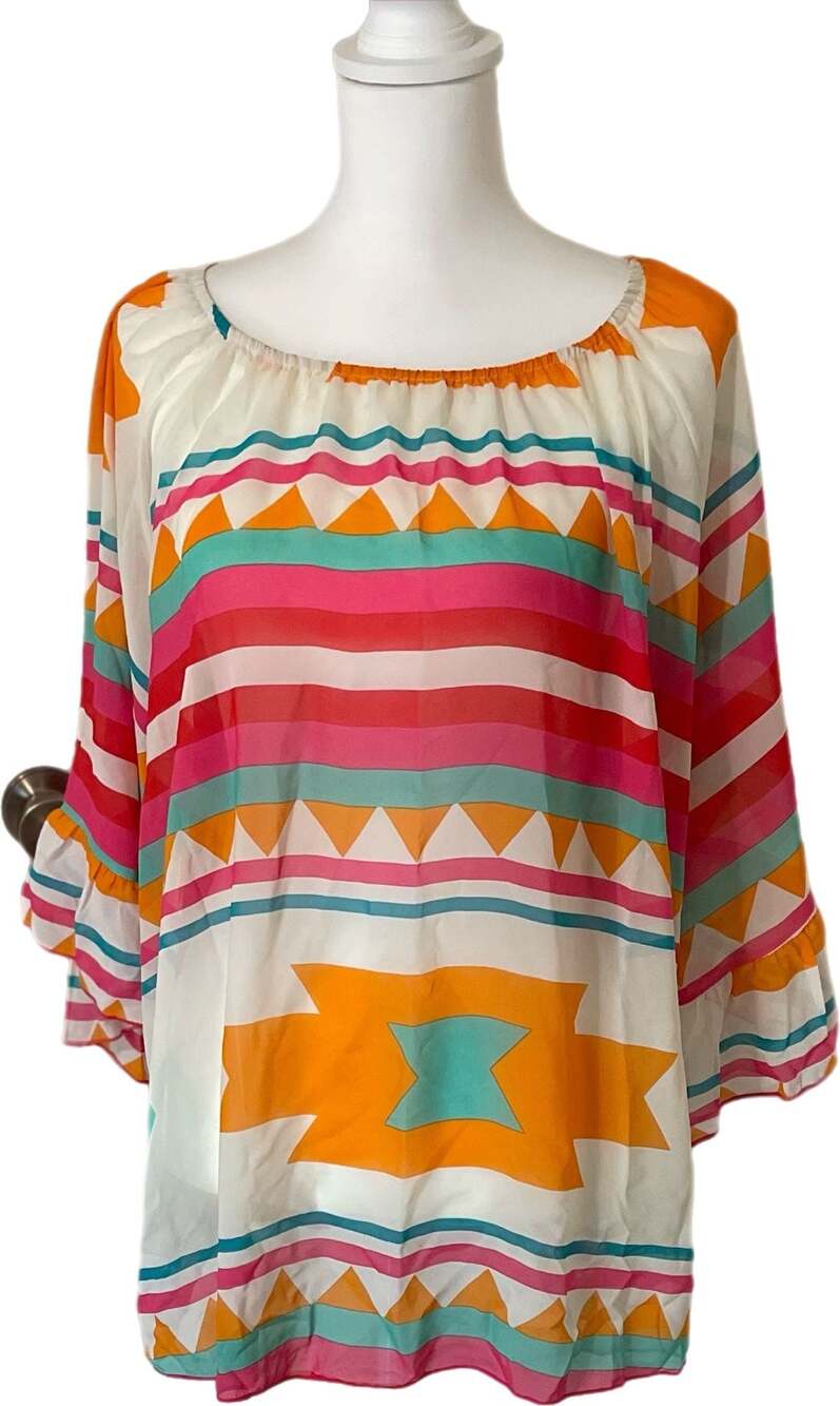 Southwestern Print Peasant Blouse, Bell Sleeve, Sheer, Colorful, Sz. 2XL